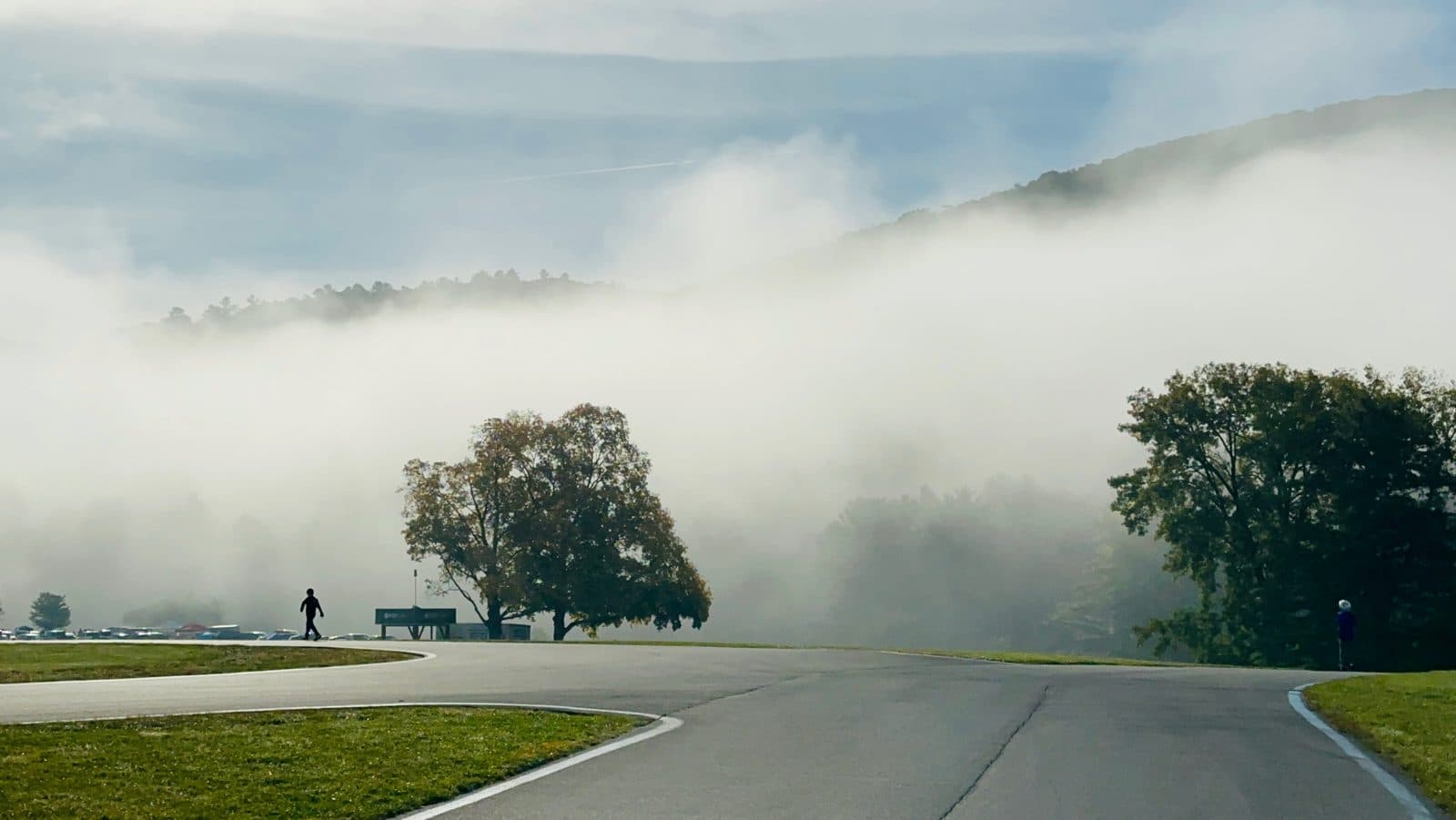 Morning fog rolling across the racetrack at the Lime Rock campout
